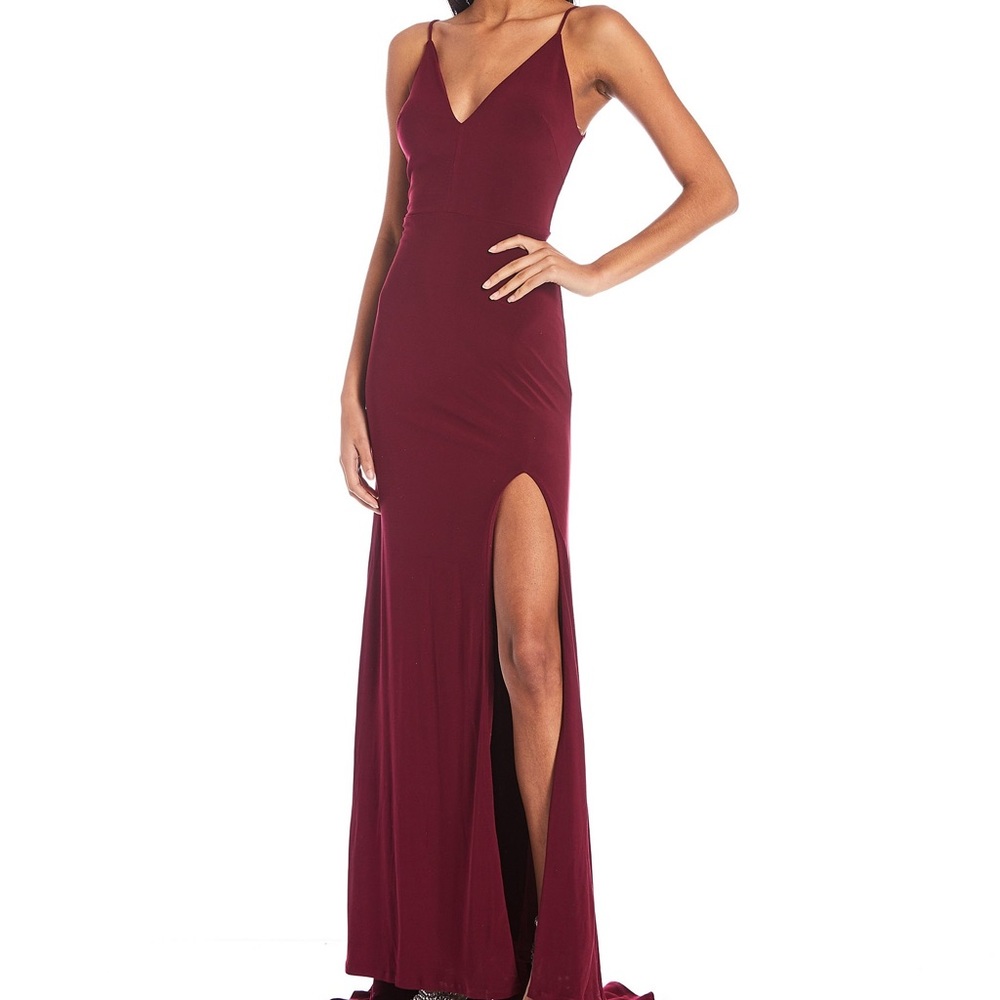 Dear Moon Burgundy Floor Length Train Prom Dress with Leg Slit